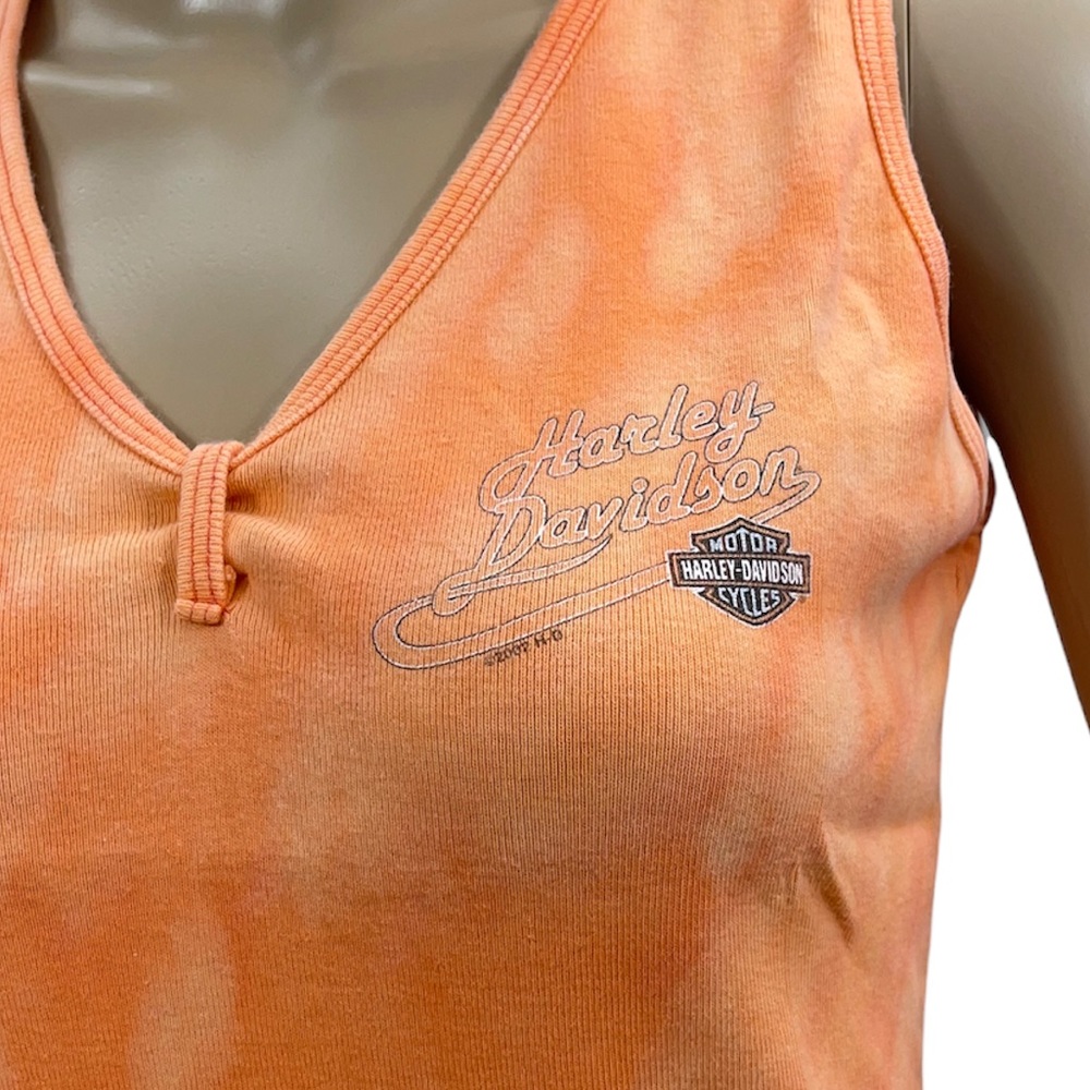 HARLEY-DAVIDSON Women’s Orange Bleach Tie Dye Ribbed V-Neck Tank Top Sz Large - Picture 3 of 10